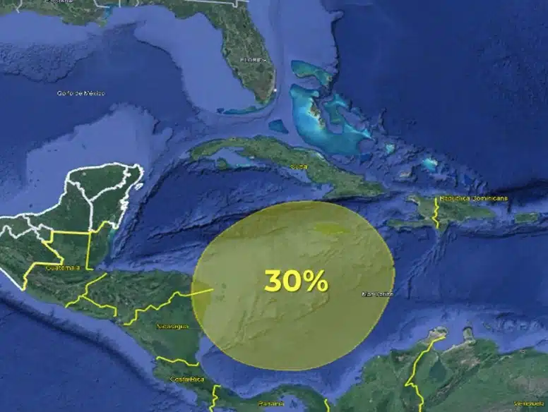 Mapa que muestra una Perturbación tropical con probabilidad de desarrollo ciclónico