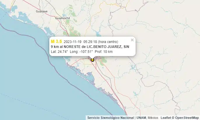 Mapa que muestra punto de zona de sismo en Sinaloa