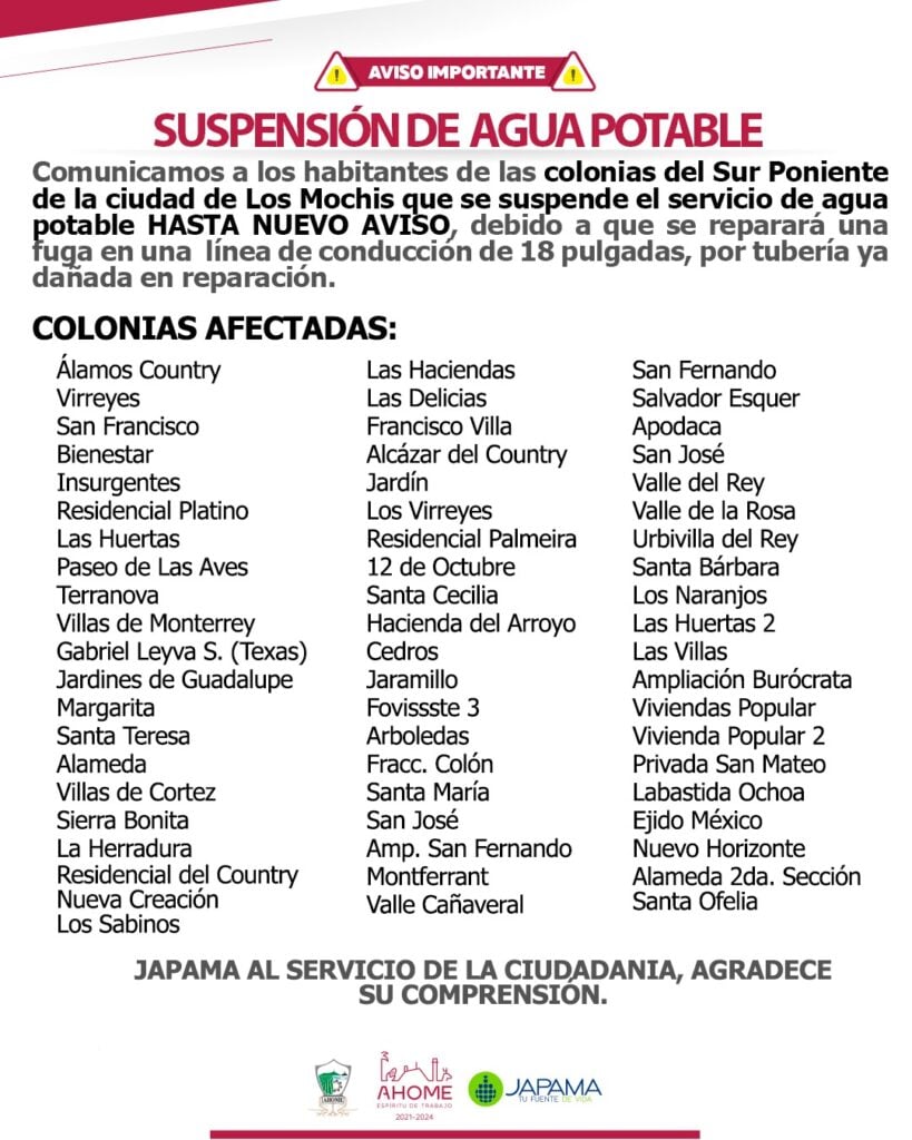 Suspensión de agua potable