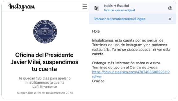 Suspenden cuenta oficial de Instagram de la Oficina de Javier Milei
