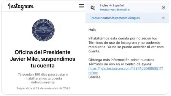 Suspenden cuenta oficial de Instagram de la Oficina de Javier Milei