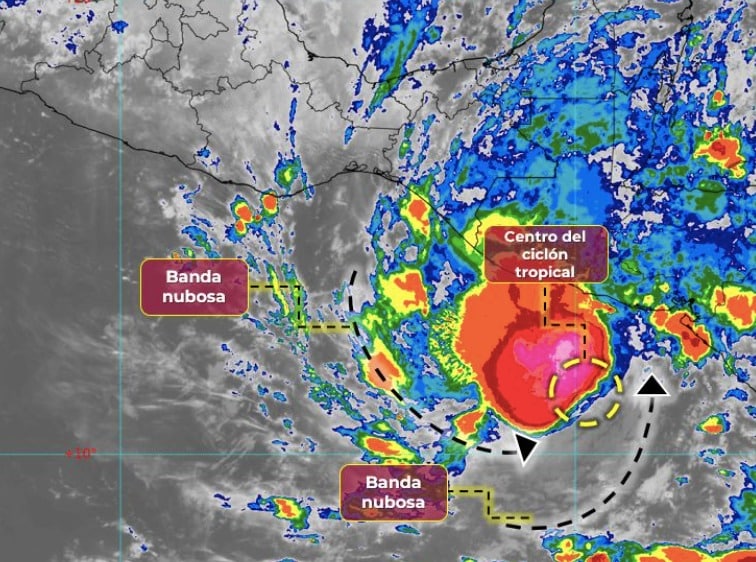 Ubicación de la tormenta tropical Pilar y sus bandas nubosas en el océano Pacífico