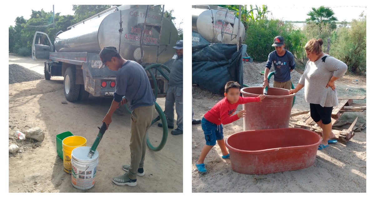 Familias en las comunidades de El Etcho y Bacorehuis llenando cubetas y tinas con agua de las pipas