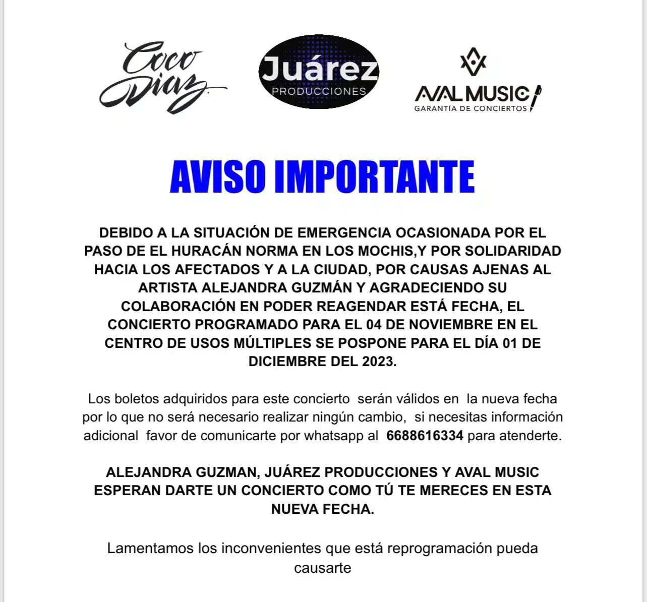 Comunicado oficial sobre reprogramación del concierto de Alejandra Guzmán 