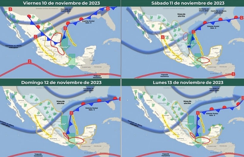 Mapas del pronóstico del clima extendido para México en las próximas 96 horas. Sinaloa destaca con precipitaciones sábado y domingo.
