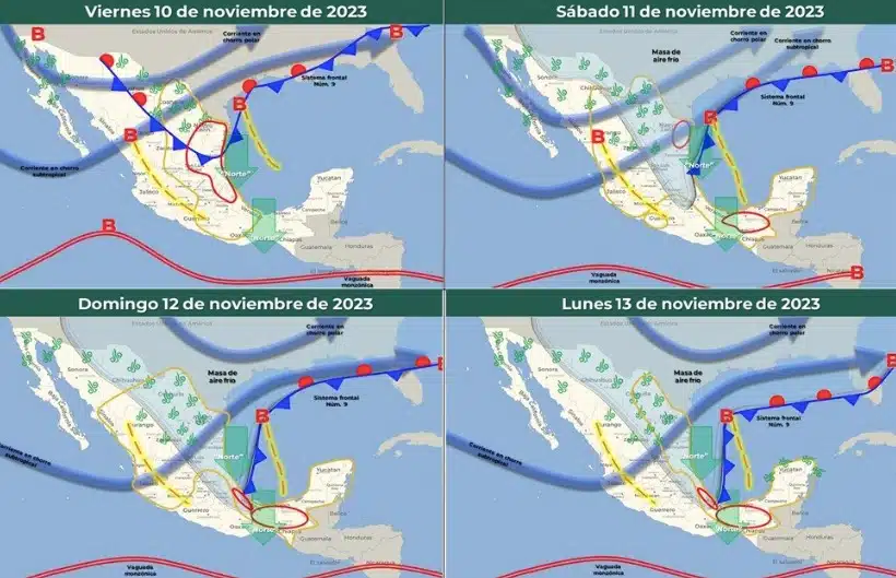 Mapas del pronóstico del clima extendido para México en las próximas 96 horas. Sinaloa destaca con precipitaciones sábado y domingo.