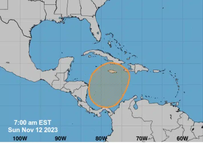 Esta es la zona donde el NHC ubica a la perturbación tropical de donde podría nacer el ciclón Vince la próxima semana.