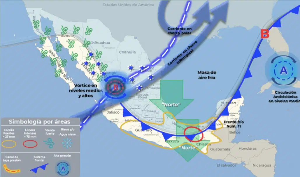 Sistemas que interactuarán para formar la tormenta invernal en México
