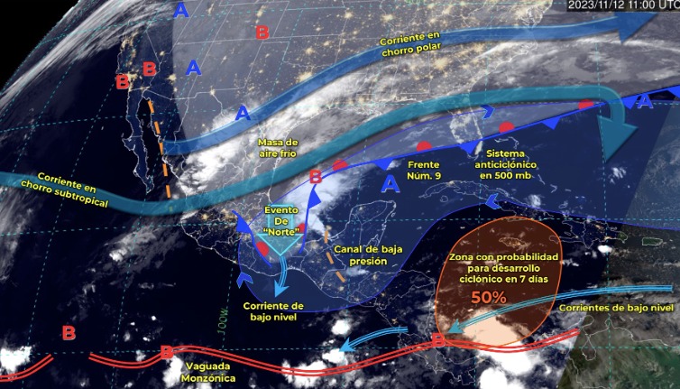 Mapa de México que muestra sistemas meteorológicos activos hoy domingo 12 de noviembre