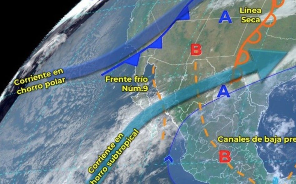Mapa de México que muestra desplazamiento del frente frío 9