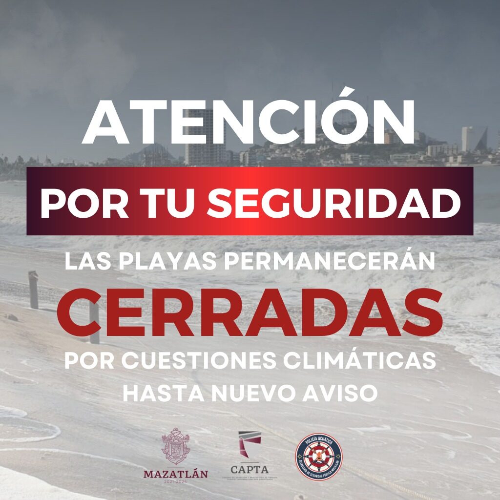Image que muestra alerta por cierre de playas de Mazatlán