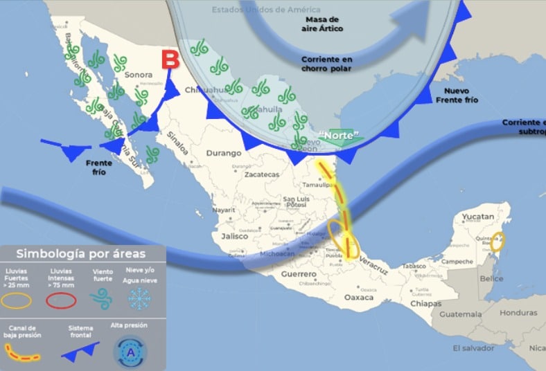 El aviso de pronóstico a 96 horas marca dos sistemas frontales, uno con aire ártico soplando a partir del próximo sábado.