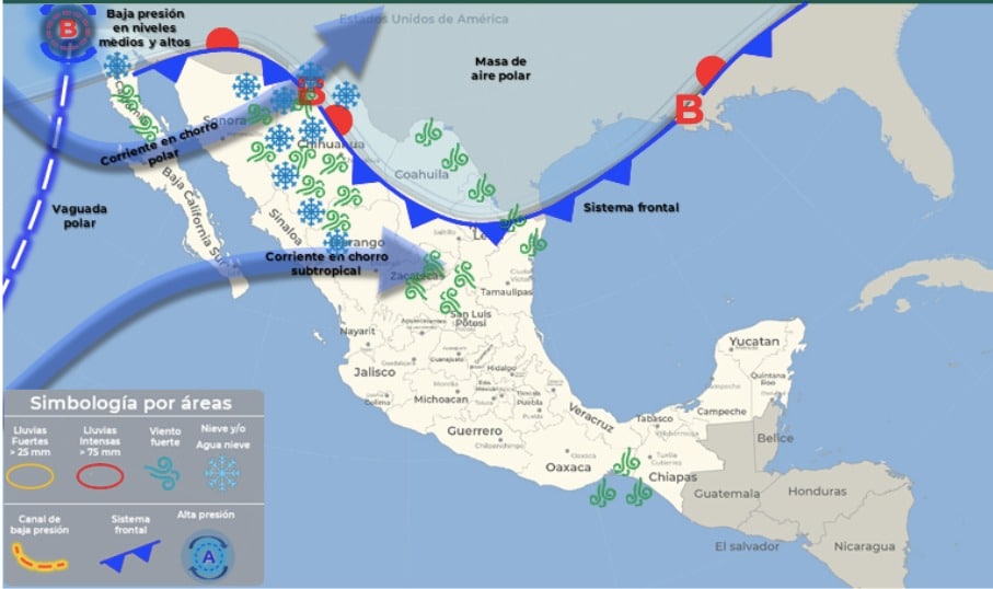 El próximo 1 de diciembre así podría verse la activación de la tercera tormenta invernal de la temporada sobre el noroeste de México.