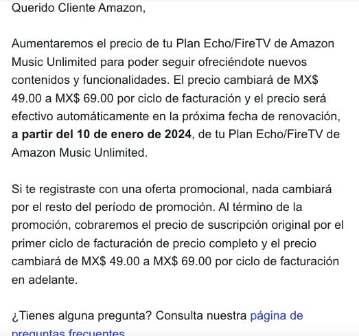Anuncio de Amazon Music sobre el incremento de servicio