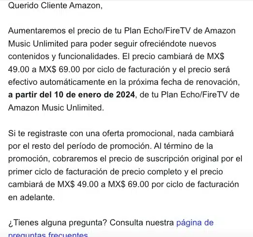 Anuncio de Amazon Music sobre el incremento de servicio