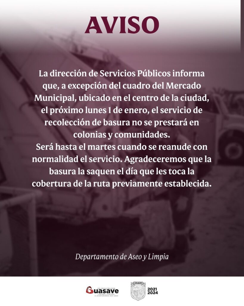 Aviso de Servicios Públicos en Guasave
