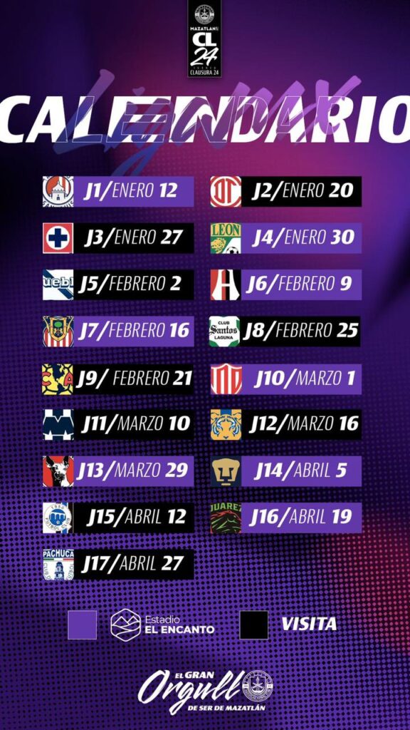 Calendario dek rol de juegos del Mazatlán FC