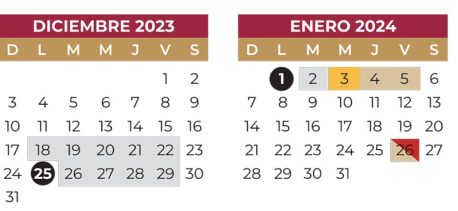 Calendario de los meses de Diciembre y Enero de la SEP