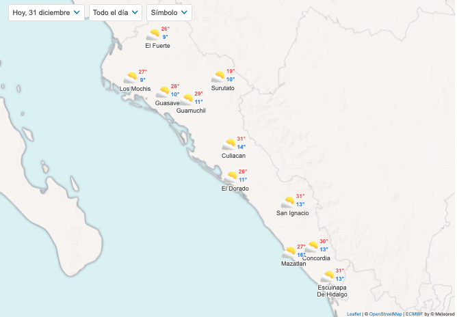 mapa del pronóstico del clima para Sinaloa