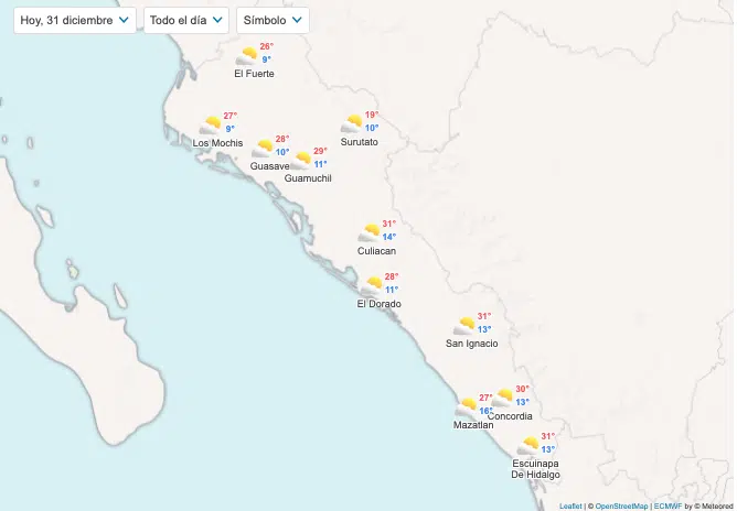 mapa del pronóstico del clima para Sinaloa