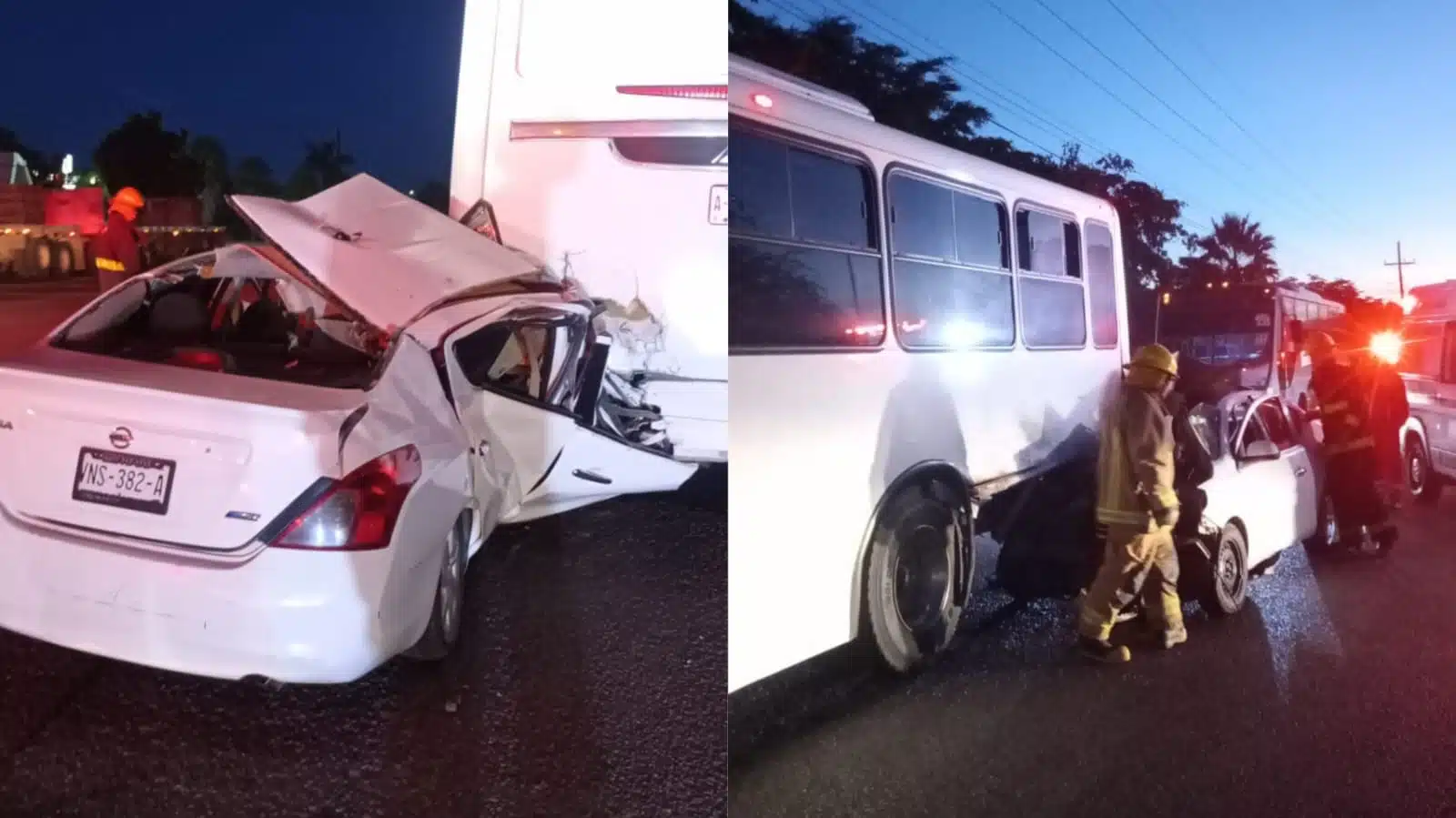 Auto color blanco impactado contra la parte trasera de un camión en carretera de Navolato