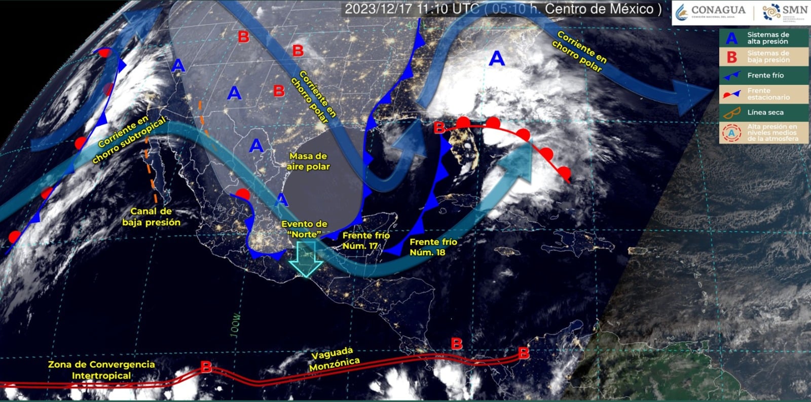 Mapa del Servicio Meteorológico Nacional con sistemas activos