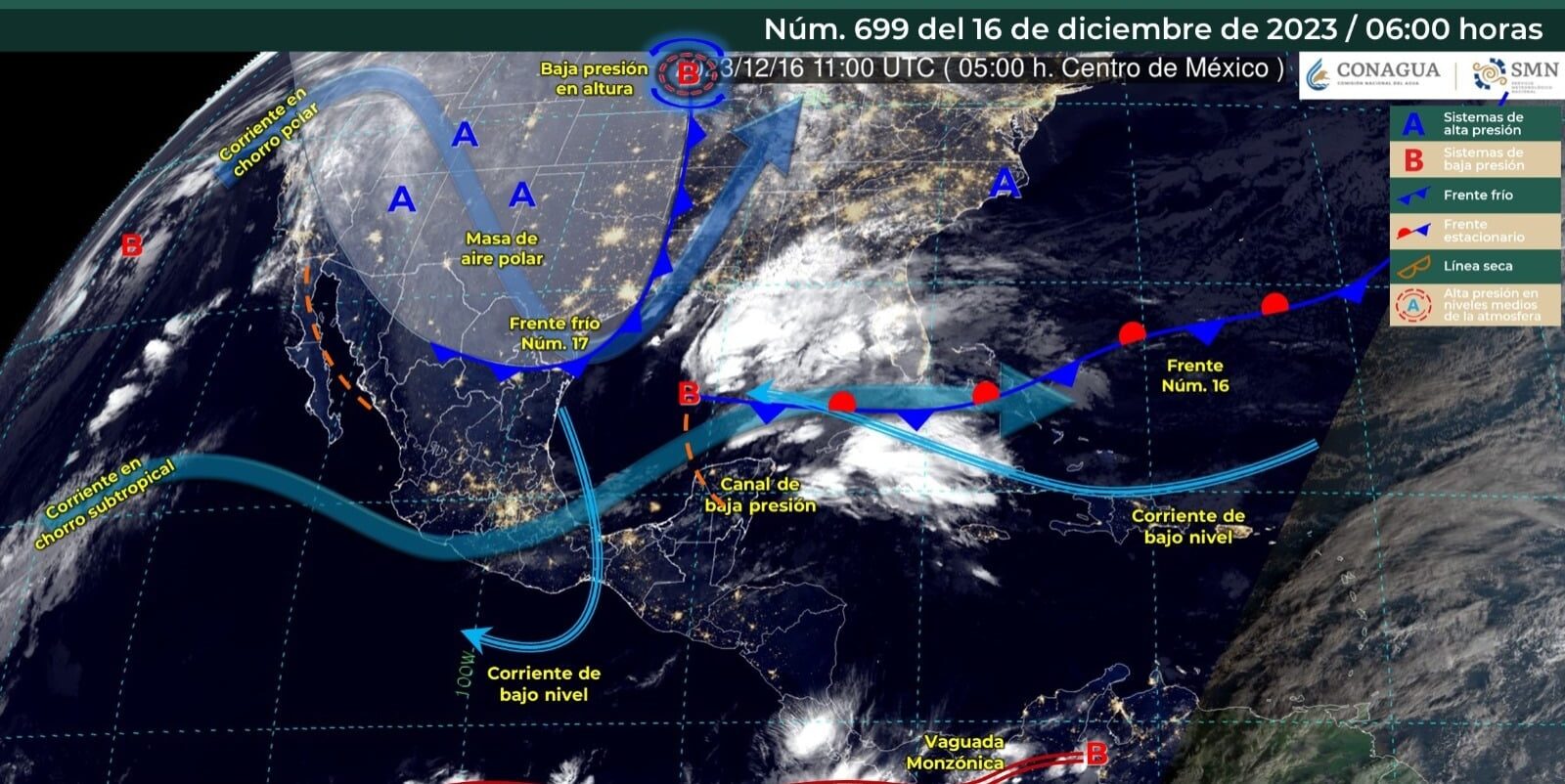Mapa de los sistemas meteorológicos activos sábado 16 de diciembre