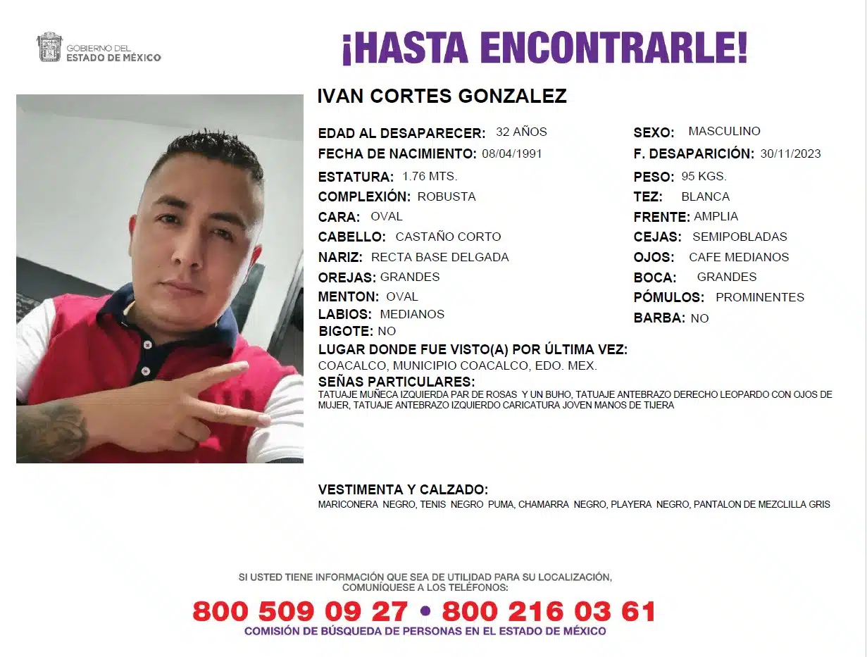 Difunden ficha de búsqueda de Iván Cortés González, desaparecido en Edomex