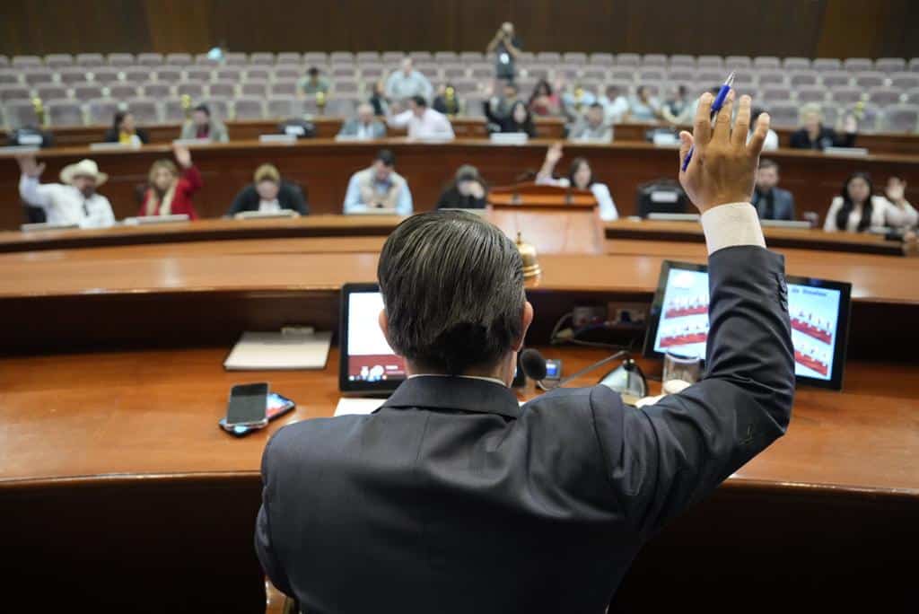 Diputado alza la mano en el Pleno en señal de aprobación