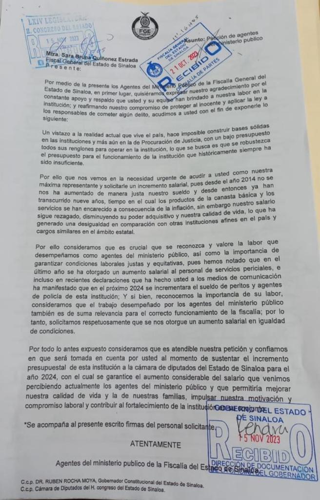Documento de los Agentes del Ministerio Público de la Fiscalía General de Justicia del Estado de Sinaloa
