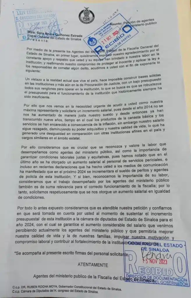 Documento de los Agentes del Ministerio Público de la Fiscalía General de Justicia del Estado de Sinaloa