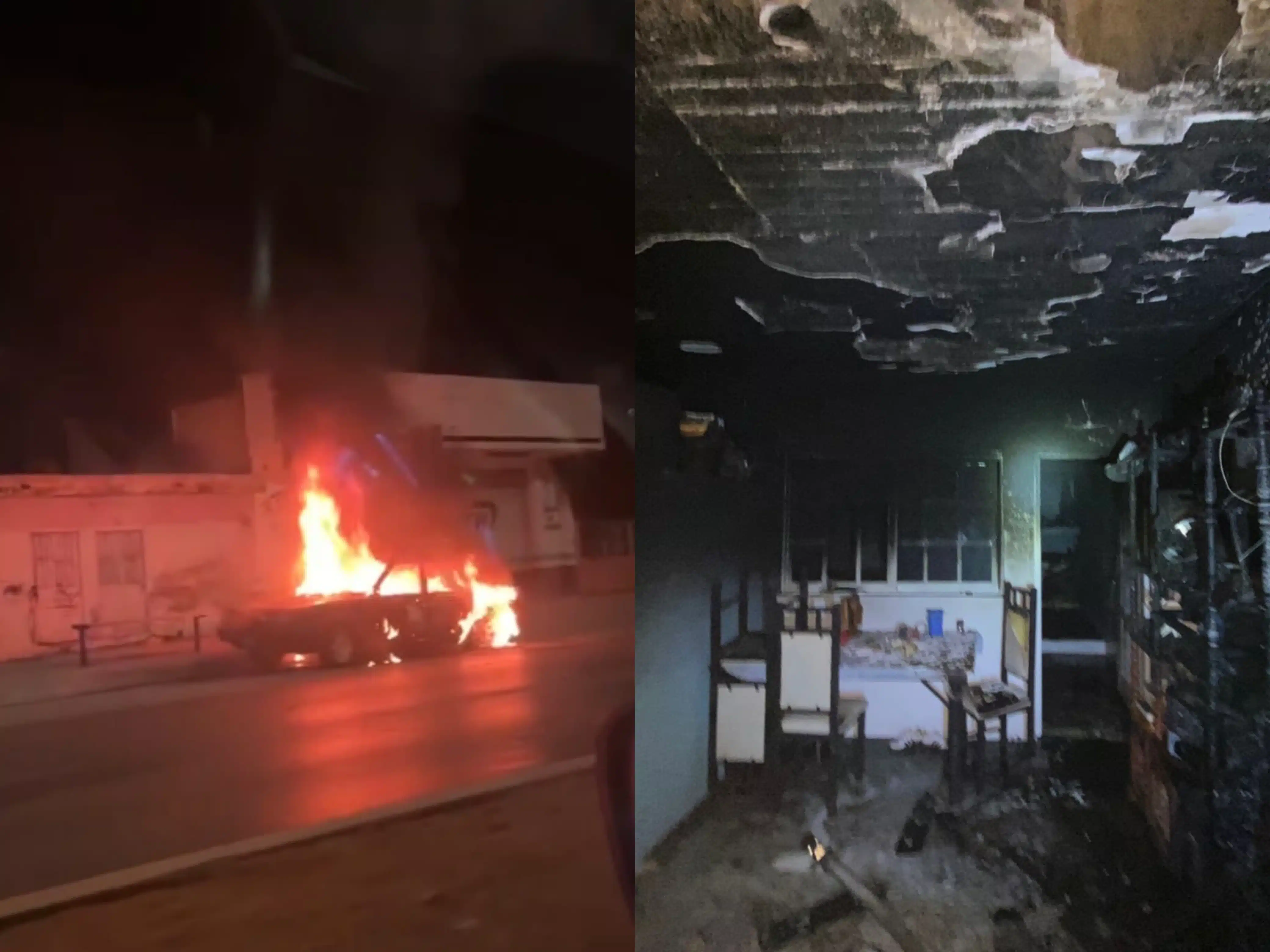 Auto incendiándose y casa quemada