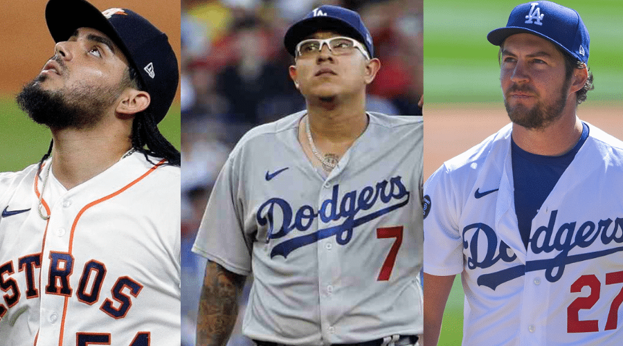 Tres fotos diferentes de Roberto Osuna, Julio Urías y Trevor Bauer
