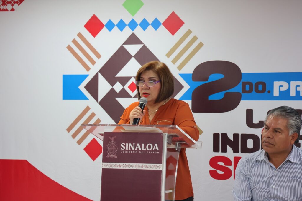 María Inés Pérez Corral, titular de la Secretaría de Bienestar y Desarrollo Sustentable (Sebides), durante su participación en ceremonia del Premio Lenguas Indígenas 2023