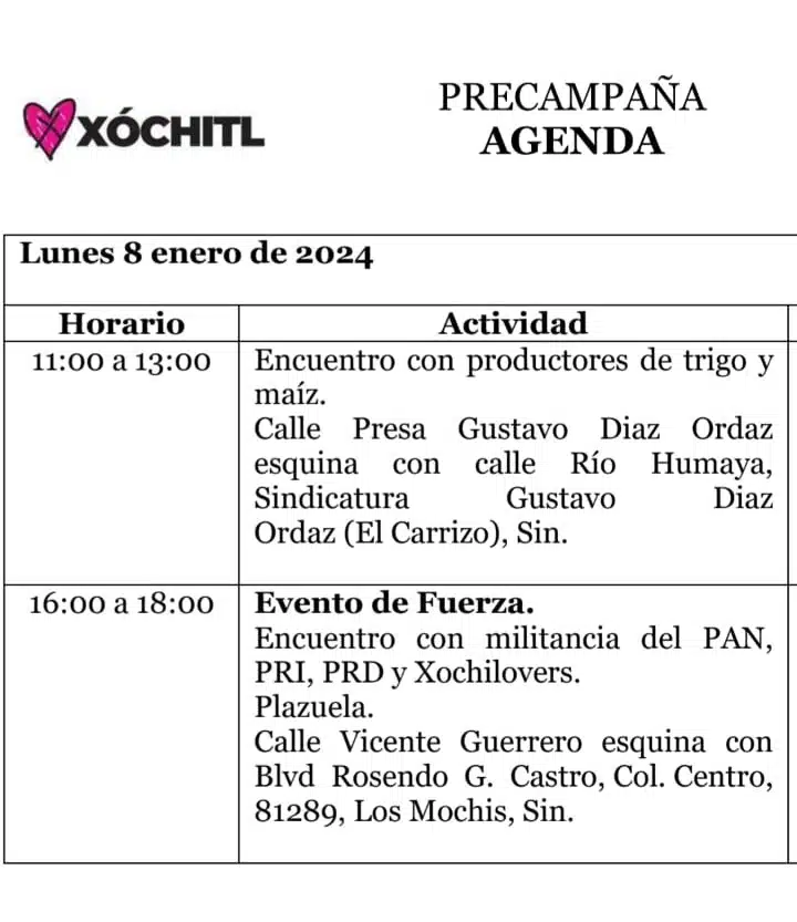 Precampaña agenda Agenda de la visita de Xóchitl Gálvez, aspirante a la Presidencia de la República, a El Carrizo y Los Mochis