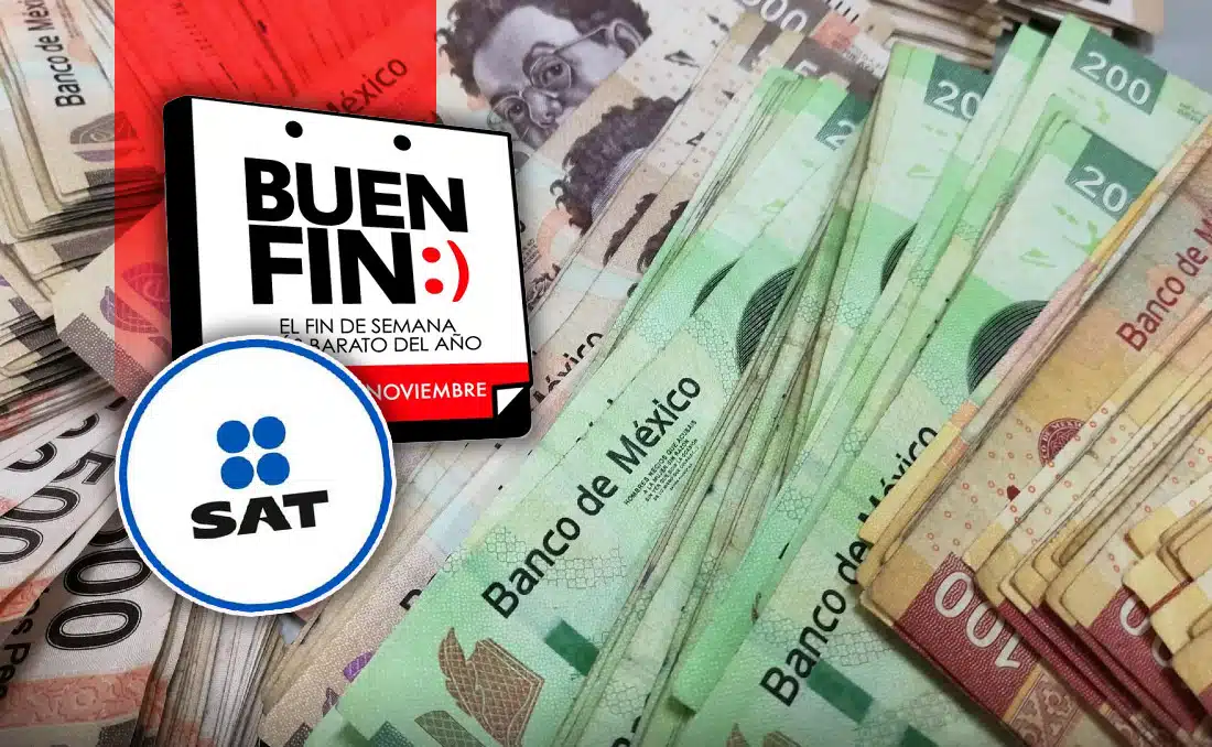 Dinero y logotipos del SAT y Buen Fin