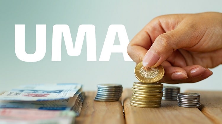 Dinero, una mano y letras que dicen UMA