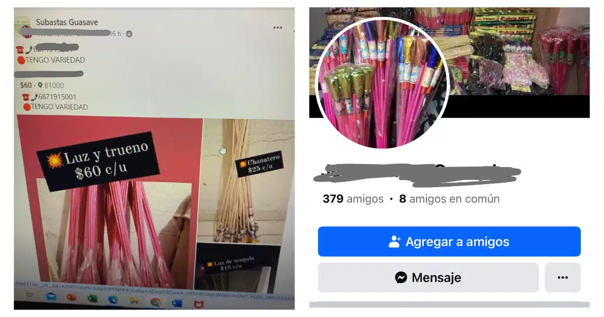 Evidencias de la promoción de venta de pirotecnia en Facebook