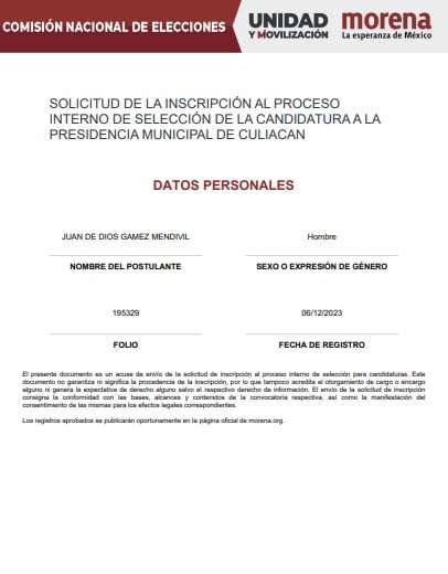 Constancia de registro de el acalde Juan de Dios Gámez Mendívil a la candidatura a la presidencia municipal