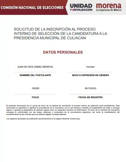 Constancia de registro de el acalde Juan de Dios Gámez Mendívil a la candidatura a la presidencia municipal