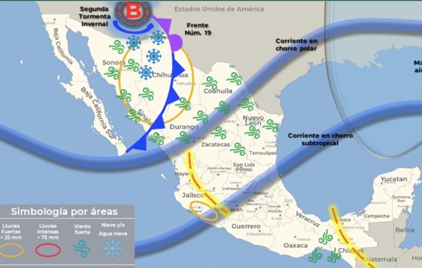 Par el sábado 23 de diciembre se espera que las lluvias se presenten en las regiones del centro al norte, principalmente en municipios colindantes a la sierra Madre occidental. SMN