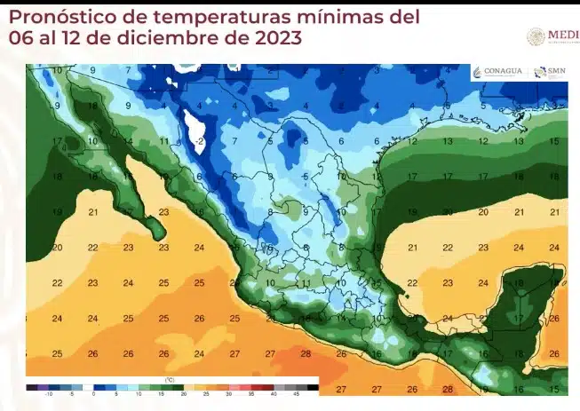 imagen que muestra pronóstico de temperaturas mínimas en México del 06 al 12 de diciembre
