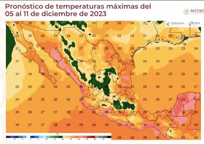 imagen que muestra pronóstico de temperaturas máximas en México del 05 al 11 de diciembre