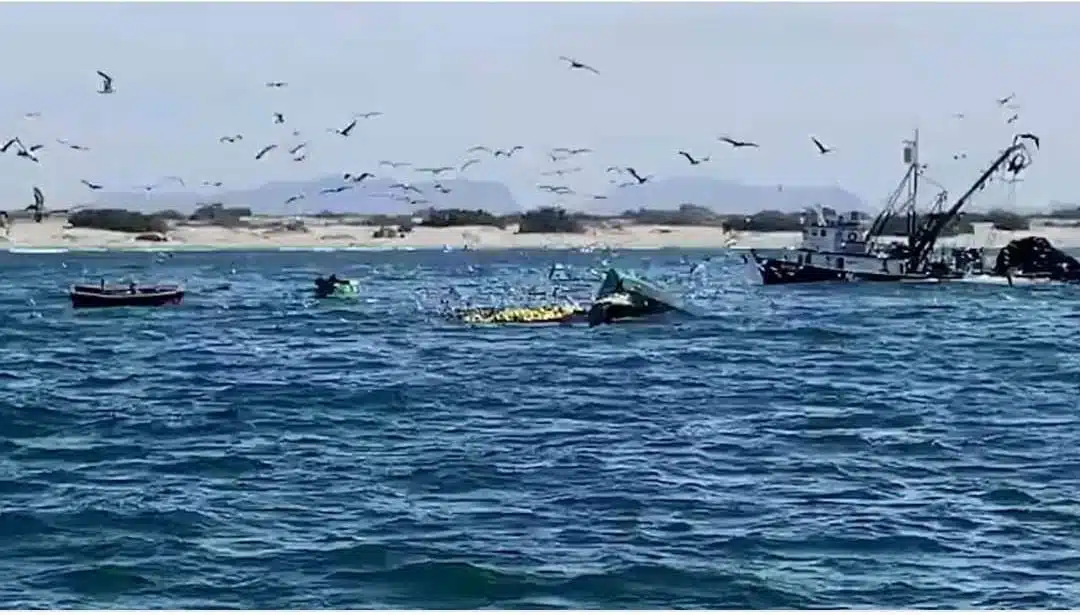 Barco atunero volcado en el campo pesquero Las Lajitas