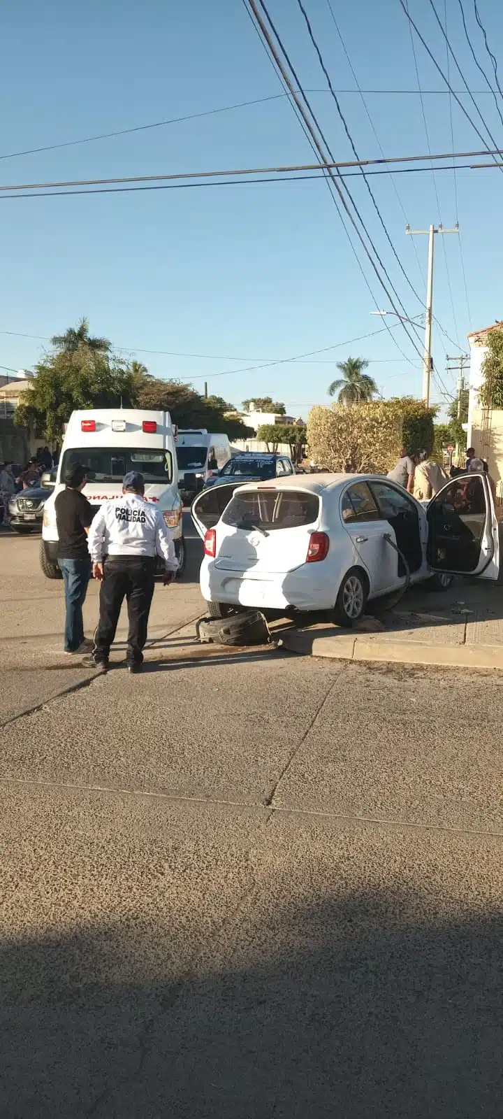 Carro chocado de la parte del frente contra una maceta en Guasave