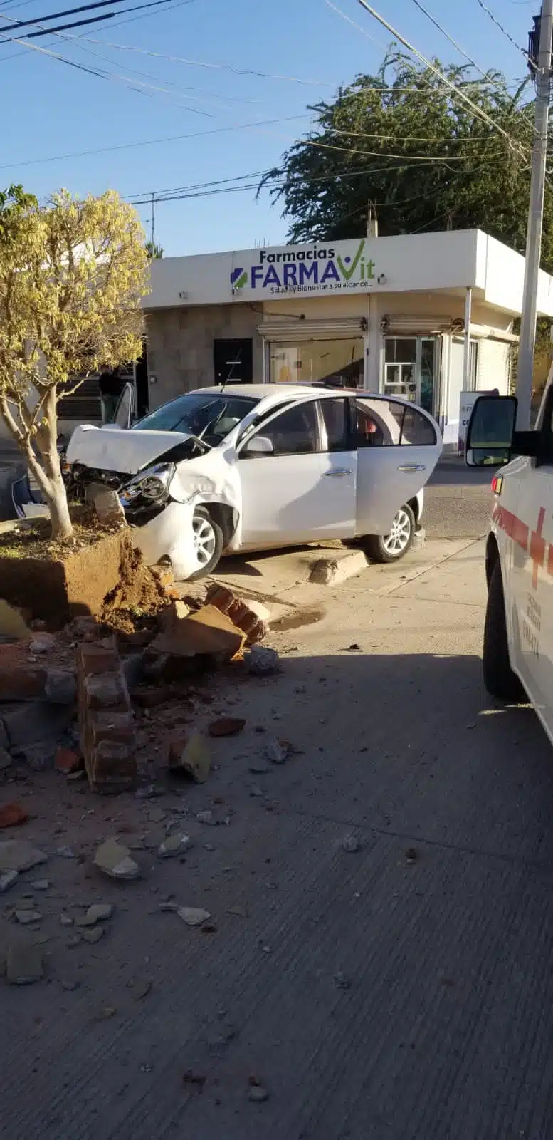 Carro chocado de la parte del frente contra una maceta en Guasave