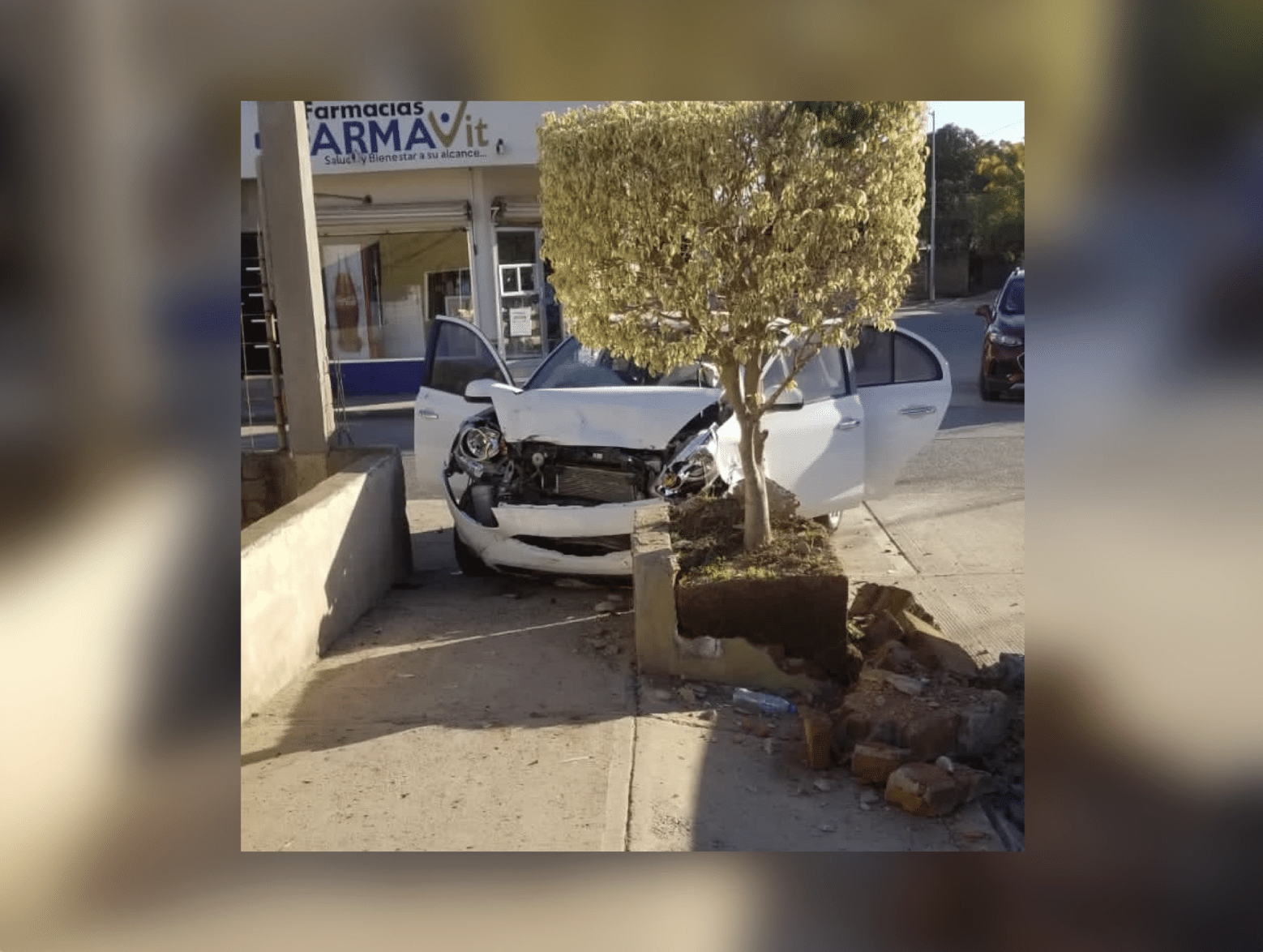 Carro chocado de la parte del frente contra una maceta en Guasave