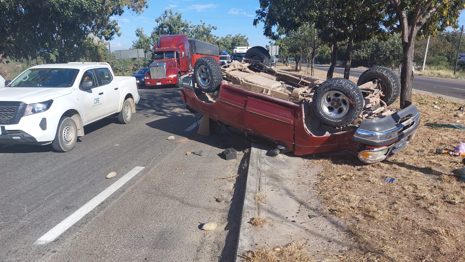 El conductor de la camioneta Explorer perdió el control, chocó con un árbol y volcó.