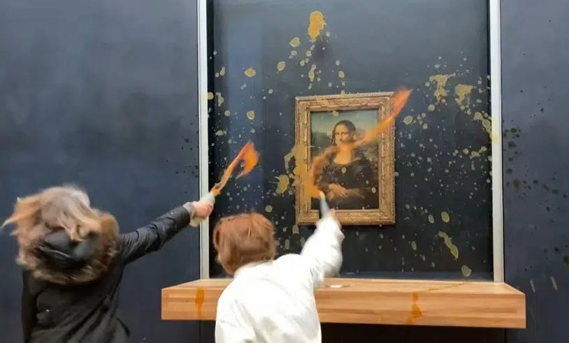 Ambientalistas arrojan sopa sobre el cuadro de la Mona Lisa