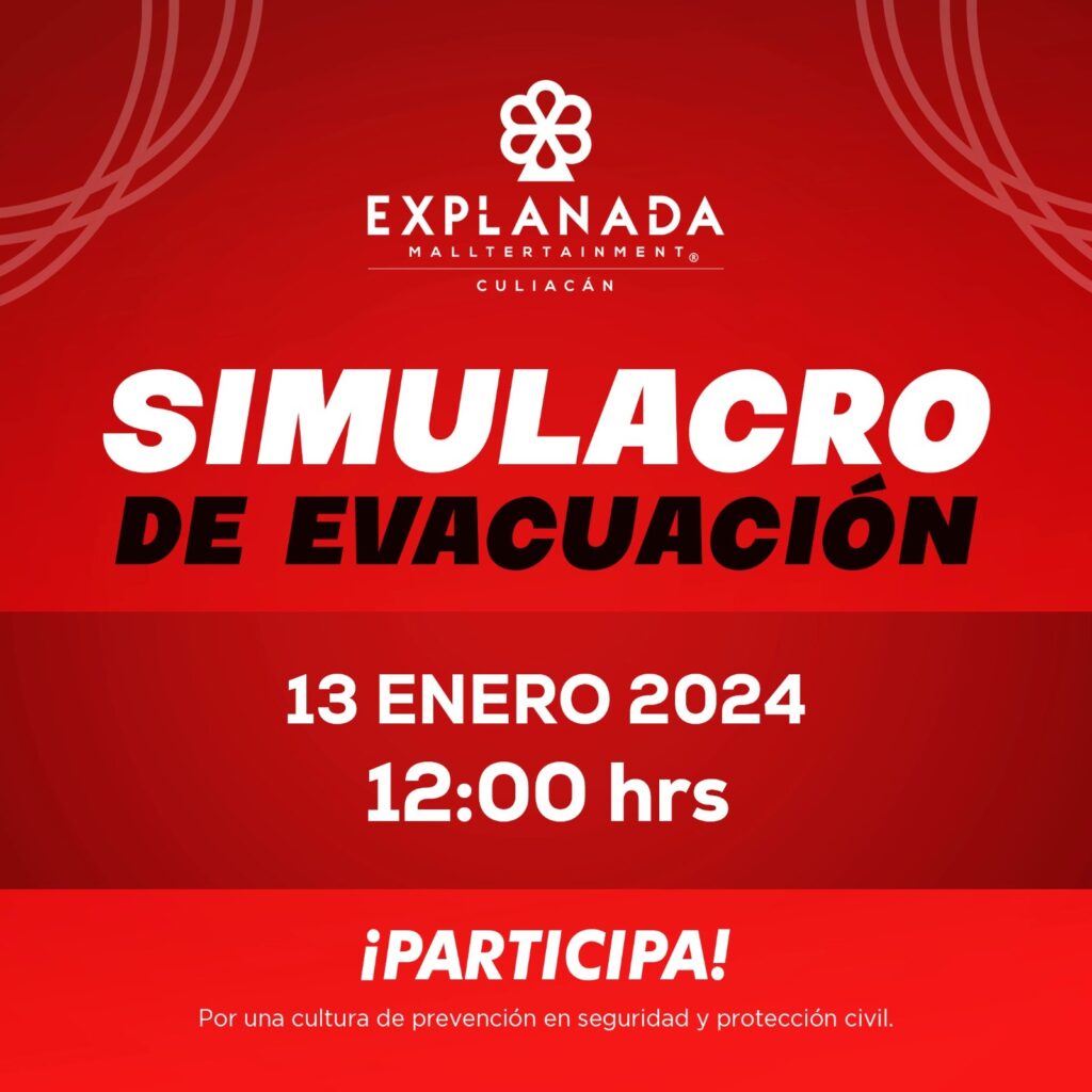 Anuncio sobre simulacro de evacuación en Plaza Explanada Culiacán
